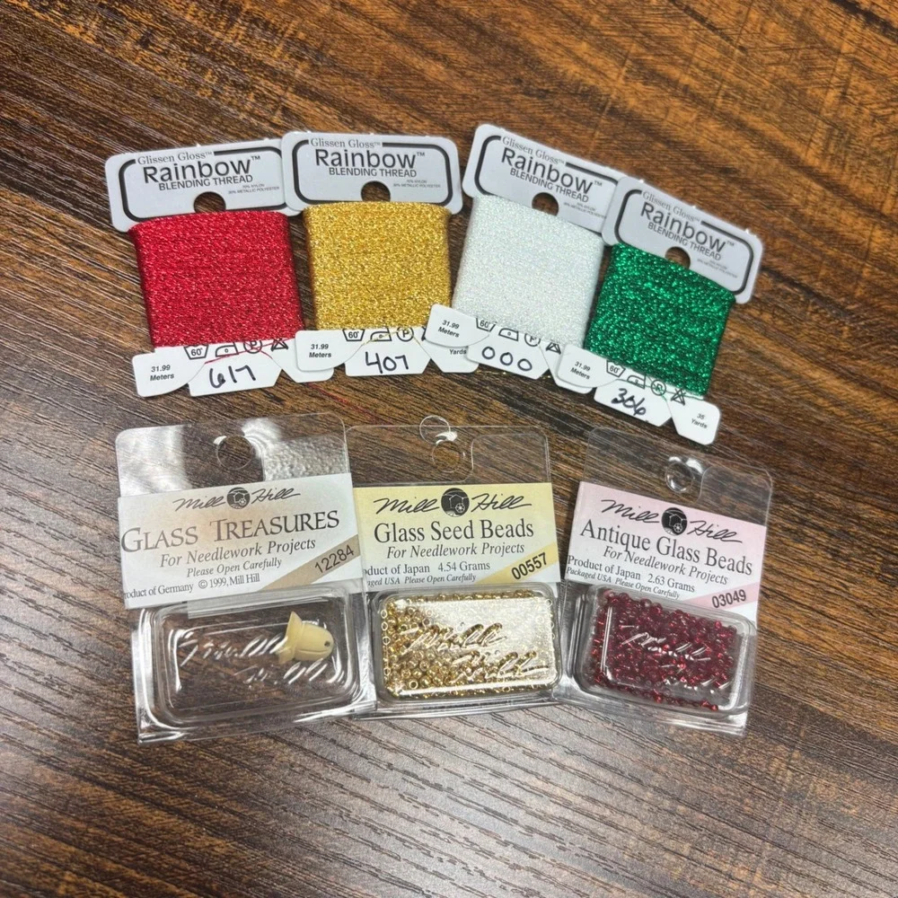 Mill Hill Glass Beads Treasures & Glissen Gloss Rainbow Blending Thread Lot 7pc